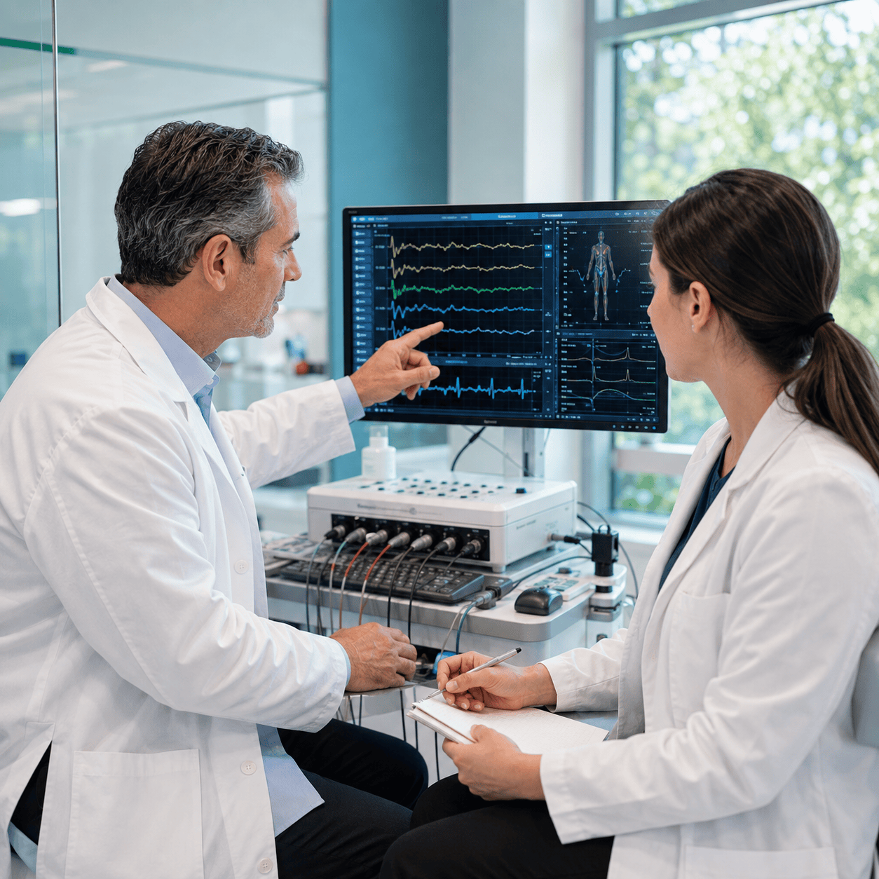 Neuromuscular specialists reviewing EMG and nerve conduction study results in a clinical setting