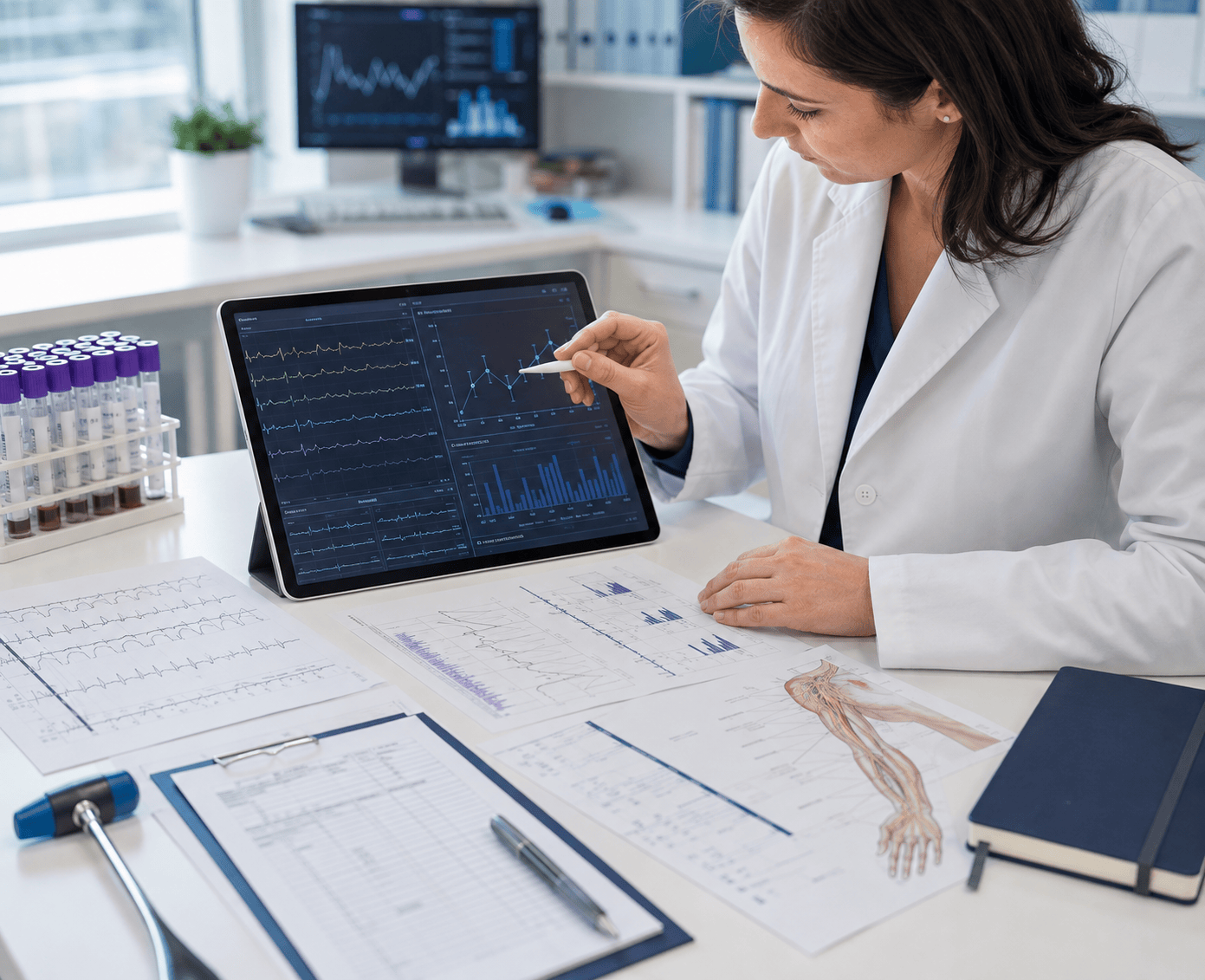 Neuromuscular specialist reviewing nerve and muscle test data and clinical research results